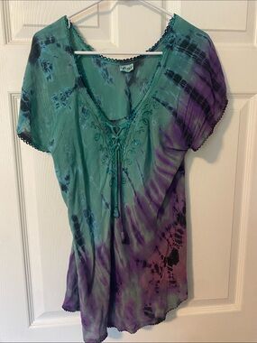 Eve Teal & Purple Tie-Dye Embroidered V-Neck Tunic